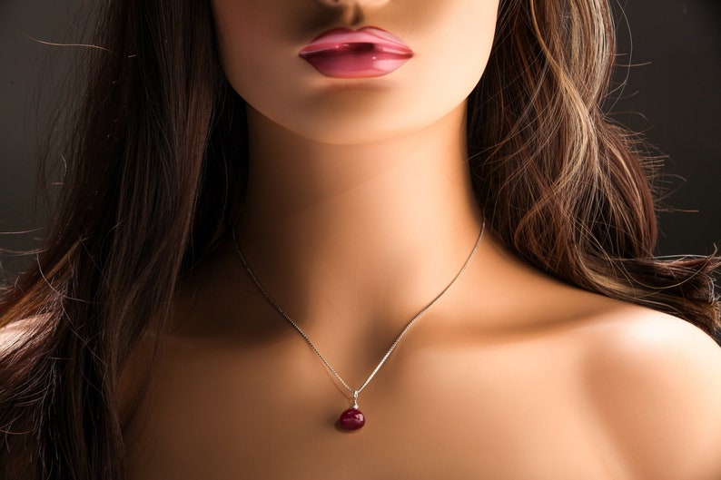 Ruby Necklace Set, Genuine Ruby Drop Briolette Onion Shape and 5" Long Threader Earrings in 925 Sterling Silver Box Chain Necklace
