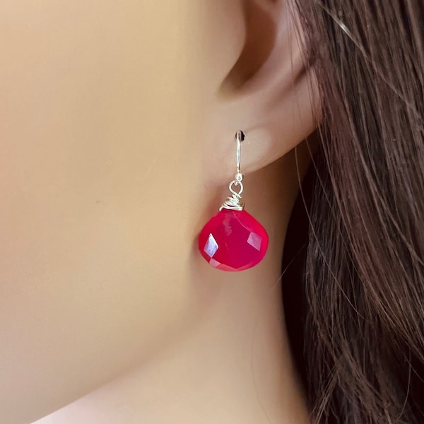 Hot Pink Chalcedony 13-14mm Heart drop 925 Sterling Silver, Gold Filled Earwire or Leverback earrings valentines girlfriend gift