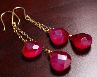 Hot Pink Chalcedony 12x13mm Briolette Wire Wrapped Teardrop, in 14K Gold Filled Dangle Chain & Earwire Boho Gemstone Jewelry valentine Gift