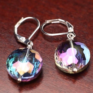 Purple AB Rainbow 14mm Disk Aurora borealies Swarovski Crystal Leverback Earrings, Valentine Gift