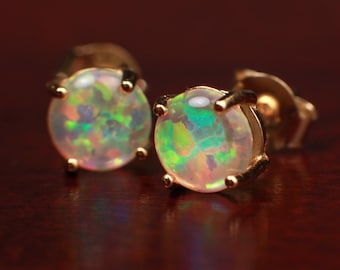 Ethiopian Fire Welo Opal 6mm Stud Earrings in Gold Vermeil, AAA Quality Fiery Welo Opal Dainty Elegant Earrings, Gift