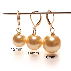 Golden Yellow South Sea Shell Pearl 12,14,16mm Large High Luster in Gold Plated or 18k Gold Vermeil Leverback Earrings, Bridal, Gift for Her