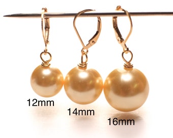 Golden Yellow South Sea Shell Pearl 12, 14, 16mm Large High Luster in Gold Plated, 18K Gold Vermeil Leverback Earrings, Bridal, Gift for Her