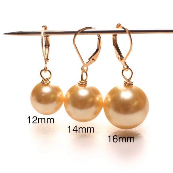 Golden Yellow South Sea Shell Pearl 12, 14, 16mm Large High Luster in Gold Plated, 18K Gold Vermeil Leverback Earrings, Bridal, Gift for Her