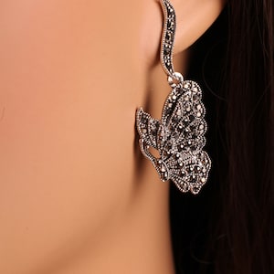 Vintage Marcasite 925 Sterling Silver large Butterfly 17x44mm Fancy Post Earrings, Vintage, 925 Stamped Antique Gift for her