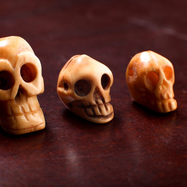 Carved Buffalo Bone Hand Craved Skull, Polished Bead Charm, Halloween Art Deco