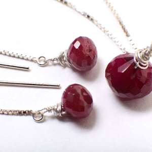 Ruby Necklace Set, Genuine Ruby Drop Briolette Onion Shape and 5" Long Threader Earrings in 925 Sterling Silver Box Chain Necklace