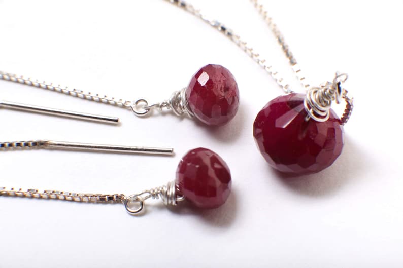 Ruby Necklace Set, Genuine Ruby Drop Briolette Onion Shape and 5" Long Threader Earrings in 925 Sterling Silver Box Chain Necklace