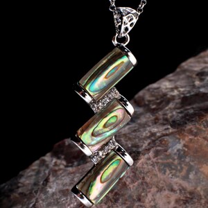 Abalone paua Shell Silver Bezel Zig Zag with Cubic Zirconia Charm Necklace Jewelry, 925 sterling silver Layering Minimalist 16” Necklace