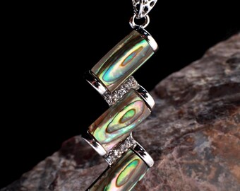 Abalone paua Shell Silver Bezel Zig Zag with Cubic Zirconia Charm Necklace Jewelry, 925 sterling silver Layering Minimalist 16” Necklace