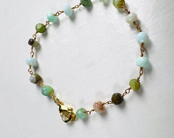 Natural Peruvian opal 5-6mm faceted roundel wire wrapped beaded gold bracelet