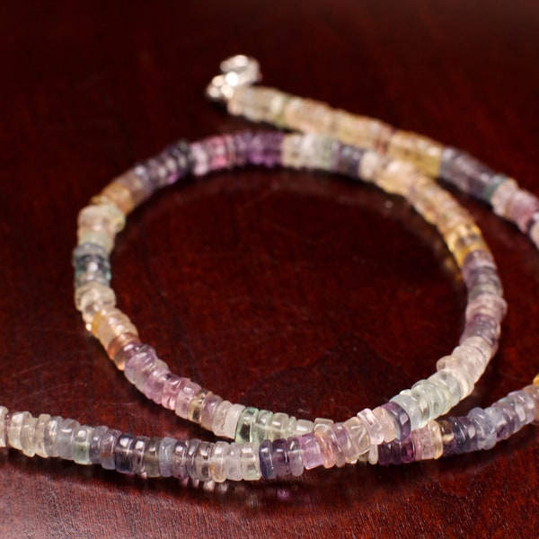 Natural Fluorite Heishi Roundel 4-5mm beautiful purple yellow shaded Necklace for Man and Woman in Silver Lobster clasp, Beach  Gift