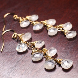 Rainbow Moonstone Faceted Heart Teardrop 14K Gold Filled Cascade Earrings, Handmade wire wrap natural Gemstone  Bridal June birthdtone Gift