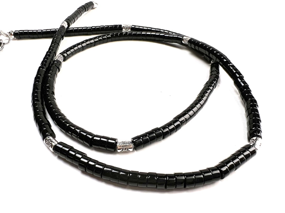 Natural Black Onyx Smooth Heishi 4mm Washer Bead, Silver Bali