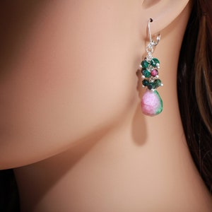 Natural Ruby Zoisite Wire Wrapped Clusters with Accent Candy Jade Faceted Teardrop Briolette in 925 Sterling Silver,Silver Plated Leverback