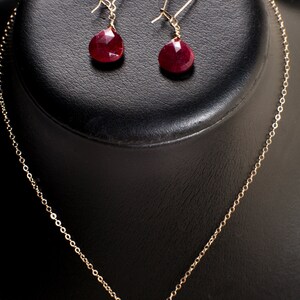 Ruby Necklace Set, Genuine Ruby Faceted 12mm Heart Briolette Teardrop Earrings and Necklace in 14K Gold Filled Cable Chain & Kidney Earwire