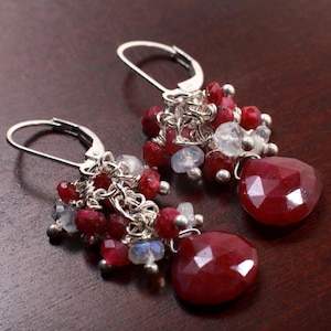 Genuine Ruby Heart Briolette Teardrop, Genuine Ruby and Moonstone Clusters in .925 Sterling Silver Leverback Earrings, Gemstone Jewelry Gift