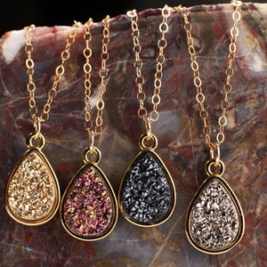 Druzy Geode Gemstone Pendant in 4 colors of Purple, Gold, Silver, Dark Navy Blue Sparkly, 14K Gold Filled Chain, 14", 16", 18",20" Necklace