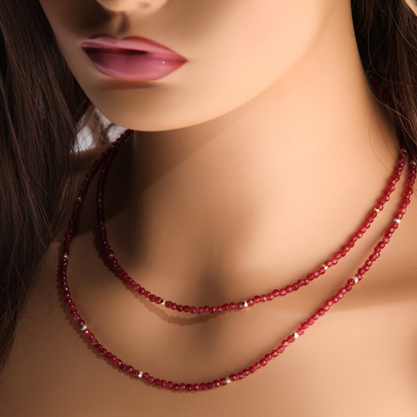 Red Onyx 4mm Faceted Round Choker Necklace with Gold or Silver Diamond Cut Spacer