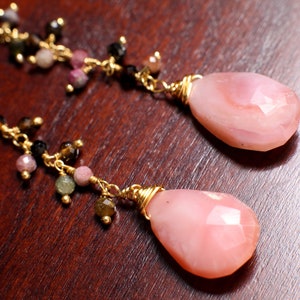 Pink Peruvian Opal Wire Wrapped Teardrop Dangling Earring, Watermelon Tourmaline Cluster Chain in Gold Vermeil Sterling Silver Ear Wire