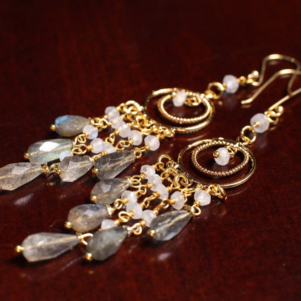 Natural Labradorite 5x10mm Faceted Drop, Moonstone 3mm Roundel Wire Wrap, Gold Vermeil Chandelier Ear Wire, Dreamcatcher Chandelier Earrings