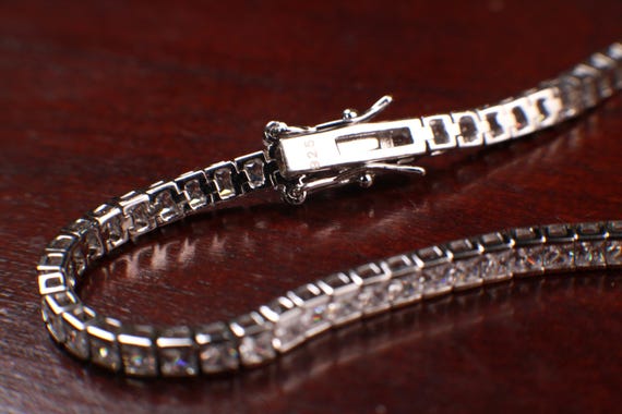 925 Sterling Silver CZ Diamond Princess Cut Tennis Bracelet Safety