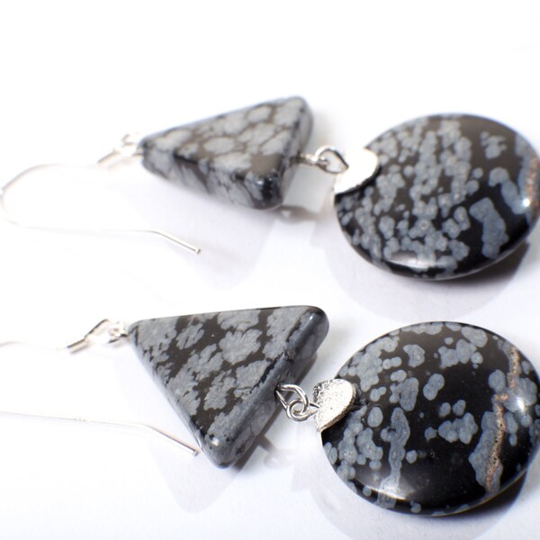 Snow Flake Obsidian 20mm Disk, Triangle Dangling Earwire in 925 Sterling Silver Earrings, Natural Gemstones, Vintage Handmade Earrings