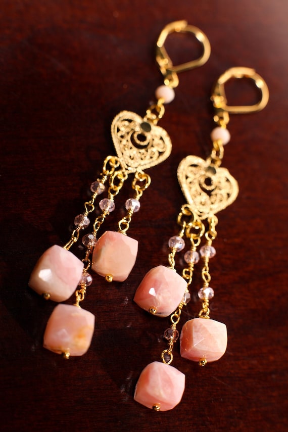 Natural Pink Peruvian Opal Earring, 8mm Cube Wire 