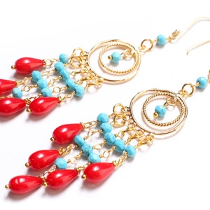 Natural Coral Briolette Earrings 5x9mm Wire Wrapped Faceted Turquoise Chandelier earrings in Gold Vermeil or Sterling Silver EarWire, Gift