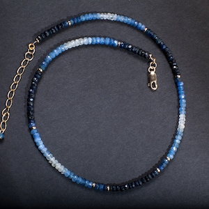 Natural Ombre Sapphire 3-4mm Faceted Roundel, 14K Gold Filled Spacers, Clasp and 2&quot; Extension Chain, September Birthstone, Gift For Her