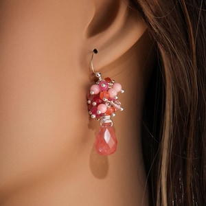 Strawberry Quartz Faceted 10x14mm drop , cluster with Pink Coral, Carnelian Cherry Quartz Wired 925 Sterling Silver Earring,summer gift