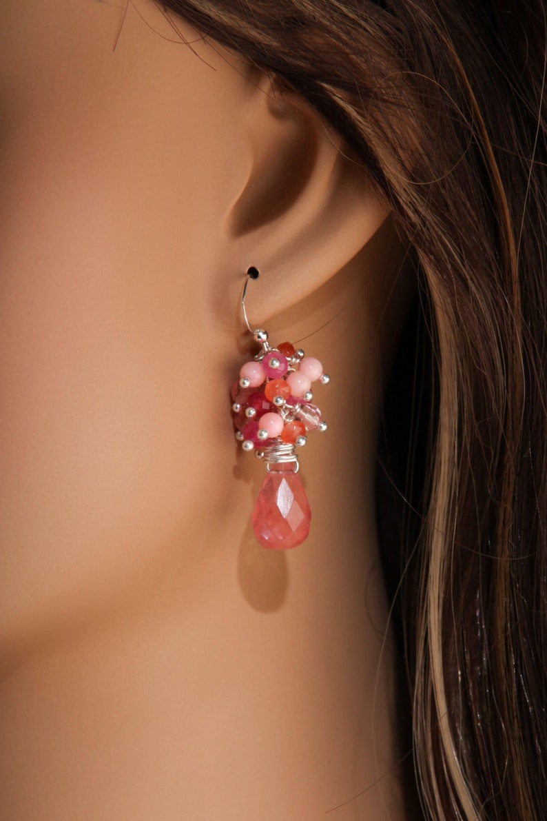 Strawberry Quartz Faceted 10x14mm drop , cluster with Pink Coral, Carnelian Cherry Quartz Wired 925 Sterling Silver Earring,summer gift