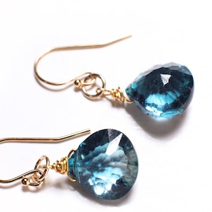 London Blue Quartz 12mm Faceted Heart Shape Pear Drop, Wire Wrapped handmade Earrings in 14K Gold Filled earrings Gift valentines