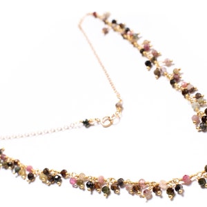 Echte watermeloen multi-toermalijn draadgewikkelde clusters ketting in 14K gold filled ketting, sluiting, valentijnscadeau