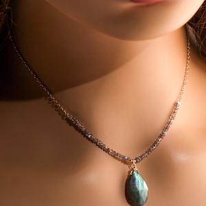Labradorite Faceted 12x22mm large Pear Drop pendant with Labradorite Rondelle, 14K Gold Filled Chain Necklace, Clasp, handmade Gift For Her