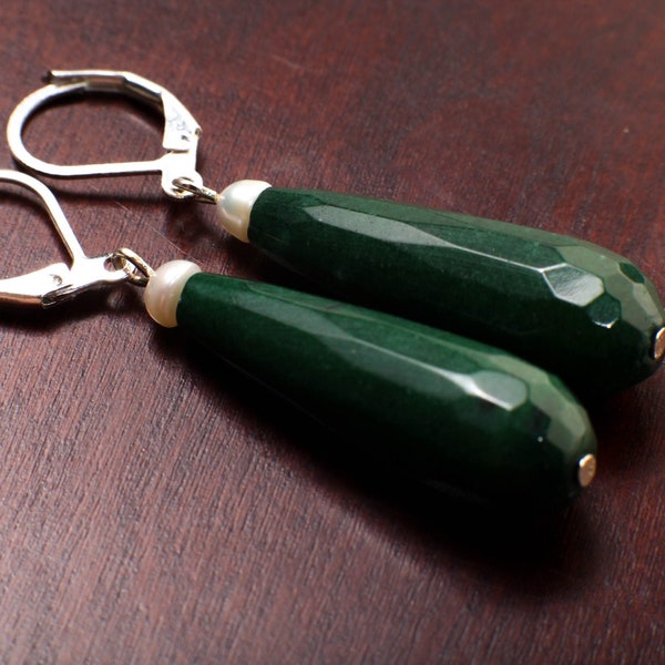 Dark Green Emerald Jade 20×40mm Long Teardrop with Freshwater Button Pearl, Silver or Gold Leverback Earrings, Gift for her