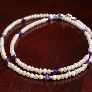 Freshwater 3-3.5mm Seed Pearl, 925 Sterling Silver Necklace, Choice of Pearl Only or with Genuine Amethyst Spacer, Holiday Gift