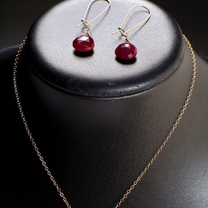 Ruby Necklace Set, Genuine Ruby Faceted 12mm Heart Briolette Teardrop Earrings and Necklace in 14K Gold Filled Cable Chain & Kidney Earwire