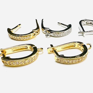 Cubic Zirconia CZ Micro Pave Diamond Rhodium silver & gold long hoop style hinged back Leverback earrings findings ,High Quality Heavy duty