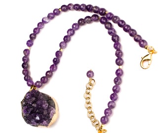 Amethyst Geode Gold Plated Druzy Chunk 36x41mm long , 23mm thick Pendant, 8mm Natural Faceted Amethyst bead 18” Necklace 2" Extension Chain