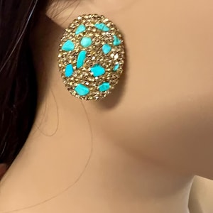 Genuine Blue Arizona Turquoise Sleeping beauty chips gold rhinestones setting  Silver post Earrings, big and lightweight 21x18mm earrings