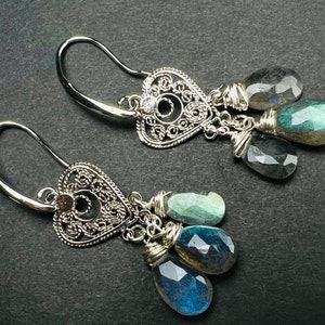 Natural Labradorite 5x10mm Faceted Drop Wire wrapped Chandelier Heart Filigree Rhodium Silver Earrings
