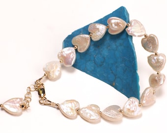 Genuine Freshwater Pearl Heart Shape 10-11mm Bracelet in 925 Sterling Silver or 14K Gold Filled Clasp and 1" Extension Chain