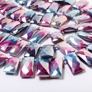Perline di pietra preziosa di forma rettangolare sfaccettata in pietra di luna, pietra di luna viola mistica blu con parte superiore sfaccettata forata, 10x17-22 mm, filo da 10&quot;, 21 pezzi