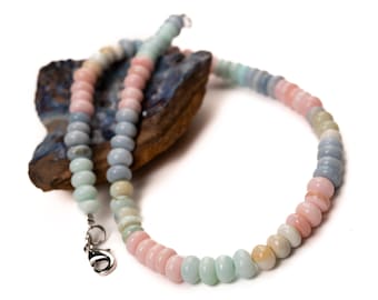 Peruvian Pink Blue Opal,Candy Opal Heishi Roundel 5-6mm Necklace for Men and Women in Silver Lobster clasp, Beach Boho Summer Gift