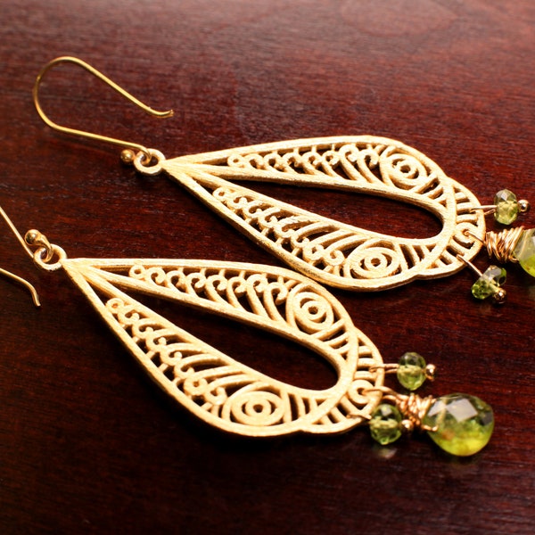 Brush Gold Vermeil with Natural Peridot dangling wire wrapped handmade Earring, August Birthstone