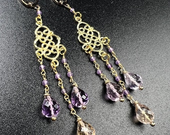 Pendientes colgantes de araña facetados de ametrina natural, hechos a mano con piedra preciosa amarilla púrpura engarzada en oro vermeil de 18k.