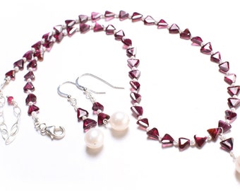 Genuine Garnet Freshwater Pearl Spacers,8mm Freshwater Pearl Sterling Silver Dangling Freshwater Pearl Earring Jewelry Set