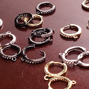 Cubic Zirconia CZ Micro Pave Diamond Rhodium Silver, Gold, Black Rhodium Round Huggie Hoop Hinged Leverback earrings findings, Sold by Pair