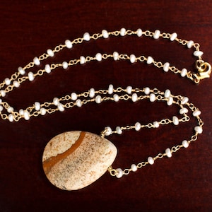 Picture Jasper Faceted Pear Drop Pendant 22x30mm in Genuine Freshwater Pearl Wire Wrapped Chain. Eye catching natural matrix  Gemstone .